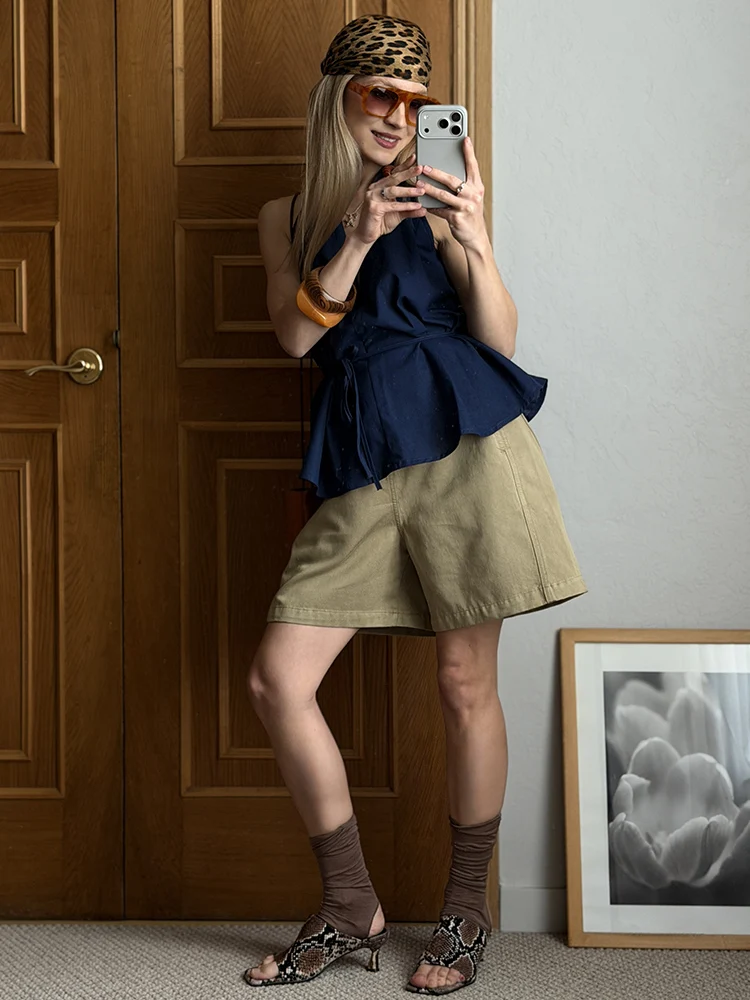 KarSaNy Beige Summer Shorts For Women Casual Loose A Linen Wide Leg Short Pants Elegant Women's Lyocell Shorts Bermuda Navy Blue