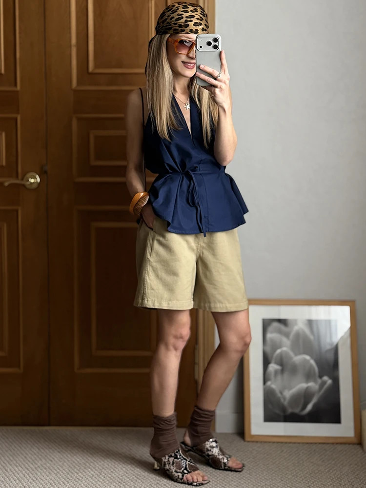 KarSaNy Beige Summer Shorts For Women Casual Loose A Linen Wide Leg Short Pants Elegant Women's Lyocell Shorts Bermuda Navy Blue