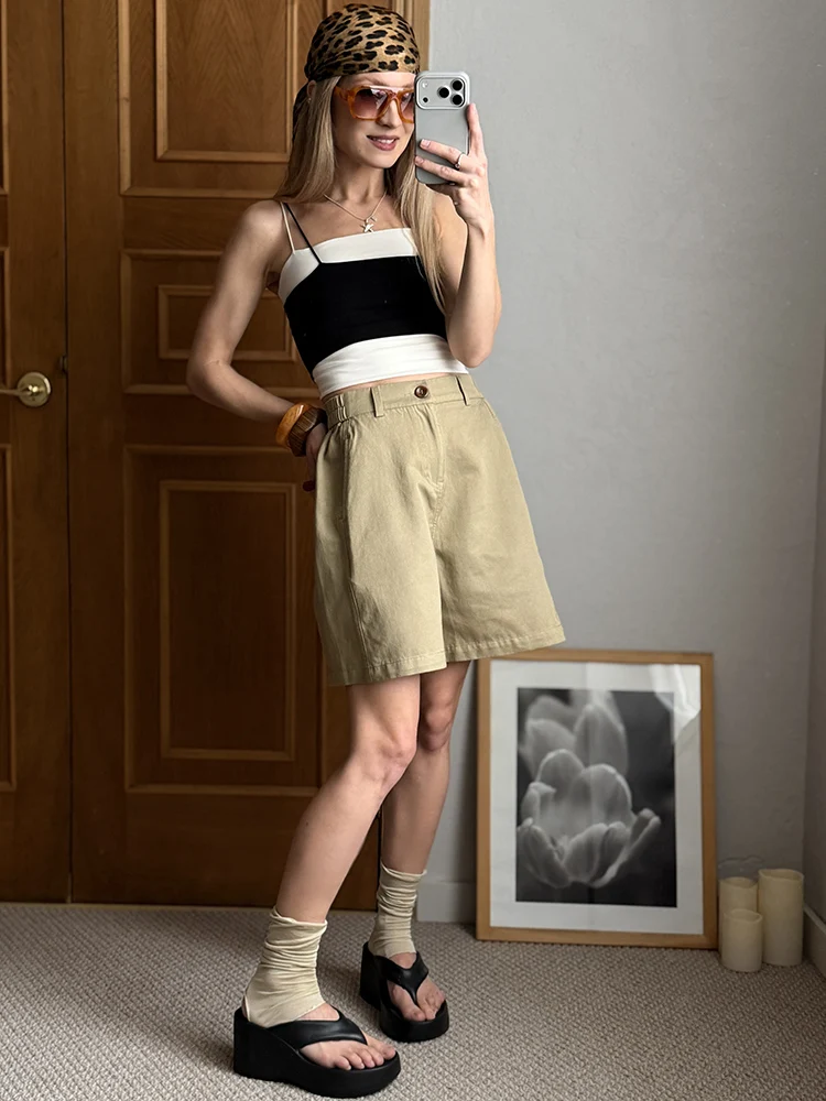 KarSaNy Beige Summer Shorts For Women Casual Loose A Linen Wide Leg Short Pants Elegant Women's Lyocell Shorts Bermuda Navy Blue