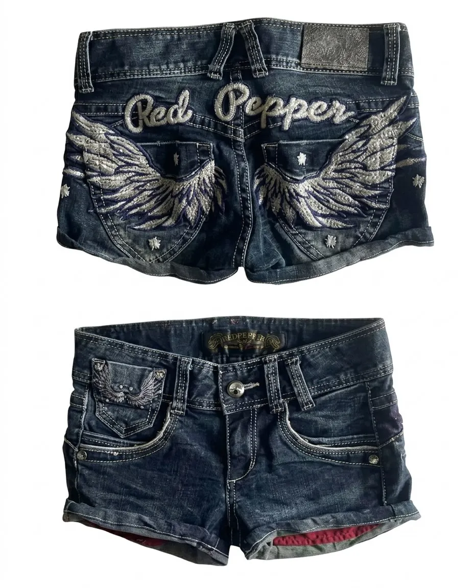 Y2k Flag Embroidery Vintage Denim Women Shorts Harajuku Slim Light Blue Jean Low Waist Short Street Mini Short Women Clothing