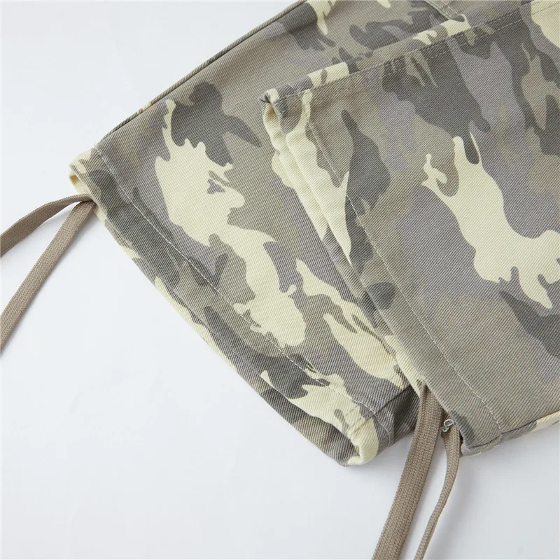 Y2K Cargo Jean Shorts Women Summer Camouflage Print Drawstring Low Rise Baggy Denim Shorts Casual Jorts Streetwear