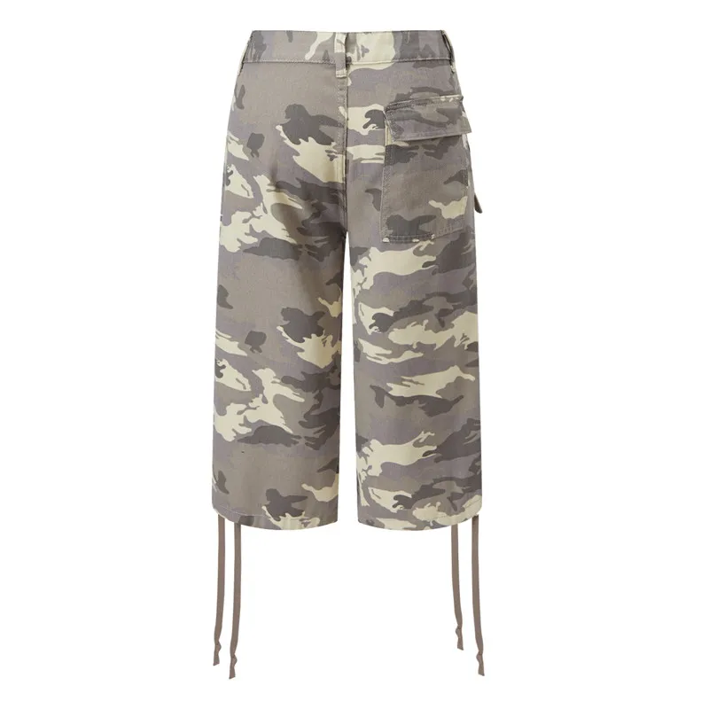 Y2K Cargo Jean Shorts Women Summer Camouflage Print Drawstring Low Rise Baggy Denim Shorts Casual Jorts Streetwear