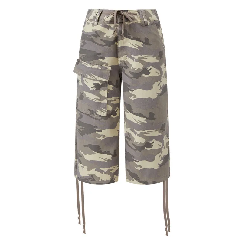 Y2K Cargo Jean Shorts Women Summer Camouflage Print Drawstring Low Rise Baggy Denim Shorts Casual Jorts Streetwear