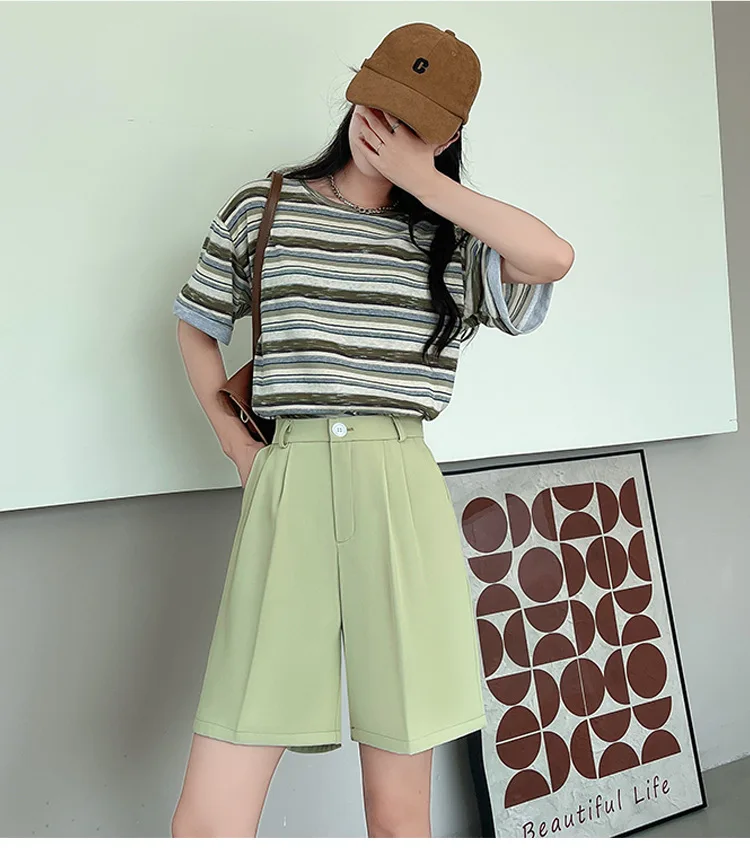 Fashion Wide Leg Suit Shorts Woman Summer Thin Breathable Knee Length Shorts Women Loose Solid Color Elastic Waist Short Pants