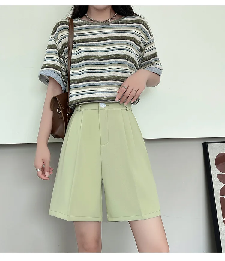 Fashion Wide Leg Suit Shorts Woman Summer Thin Breathable Knee Length Shorts Women Loose Solid Color Elastic Waist Short Pants