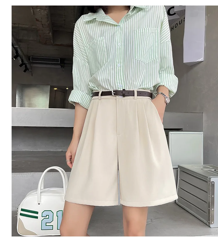 Fashion Wide Leg Suit Shorts Woman Summer Thin Breathable Knee Length Shorts Women Loose Solid Color Elastic Waist Short Pants