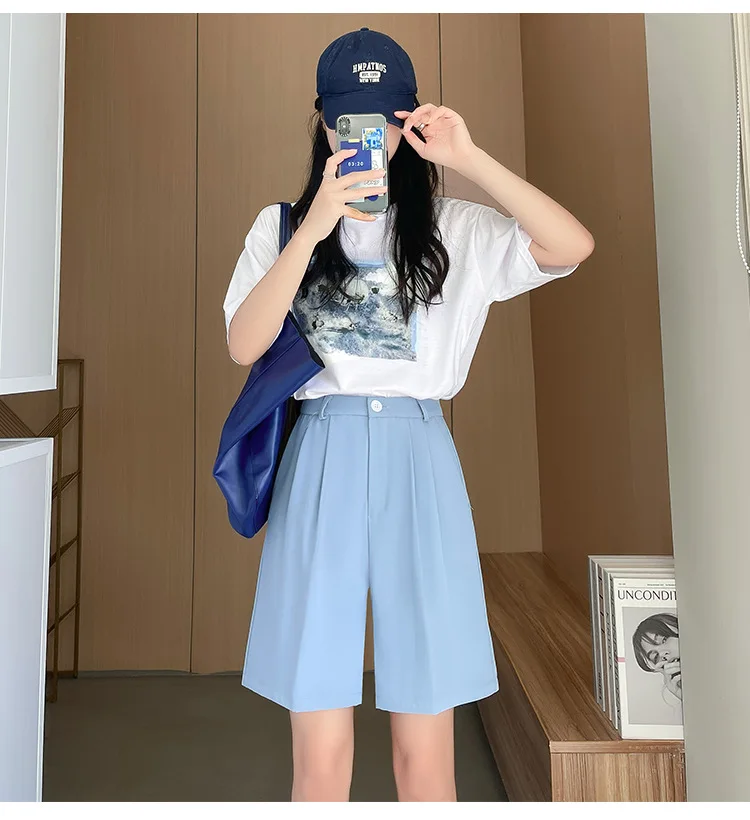 Fashion Wide Leg Suit Shorts Woman Summer Thin Breathable Knee Length Shorts Women Loose Solid Color Elastic Waist Short Pants