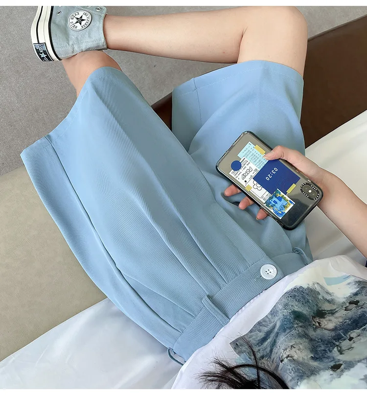 Fashion Wide Leg Suit Shorts Woman Summer Thin Breathable Knee Length Shorts Women Loose Solid Color Elastic Waist Short Pants