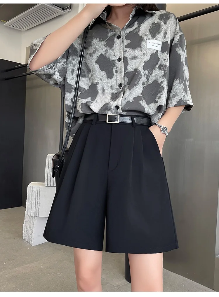 Fashion Wide Leg Suit Shorts Woman Summer Thin Breathable Knee Length Shorts Women Loose Solid Color Elastic Waist Short Pants