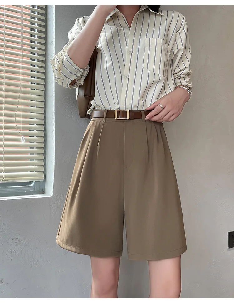 Fashion Wide Leg Suit Shorts Woman Summer Thin Breathable Knee Length Shorts Women Loose Solid Color Elastic Waist Short Pants