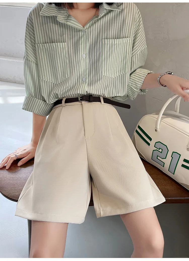 Fashion Wide Leg Suit Shorts Woman Summer Thin Breathable Knee Length Shorts Women Loose Solid Color Elastic Waist Short Pants