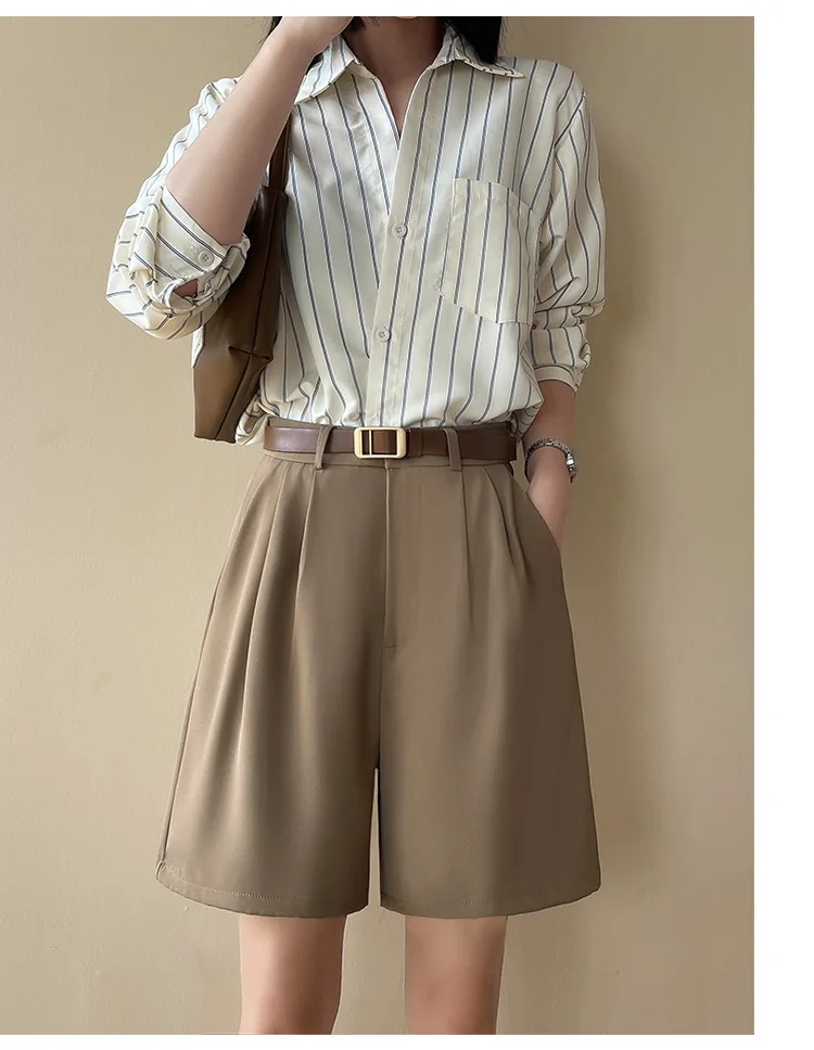 Fashion Wide Leg Suit Shorts Woman Summer Thin Breathable Knee Length Shorts Women Loose Solid Color Elastic Waist Short Pants