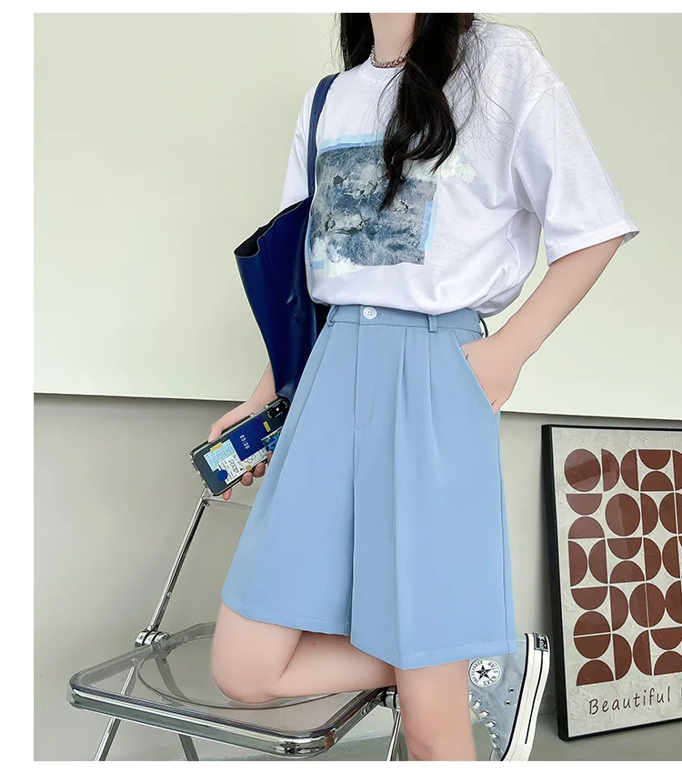 Fashion Wide Leg Suit Shorts Woman Summer Thin Breathable Knee Length Shorts Women Loose Solid Color Elastic Waist Short Pants