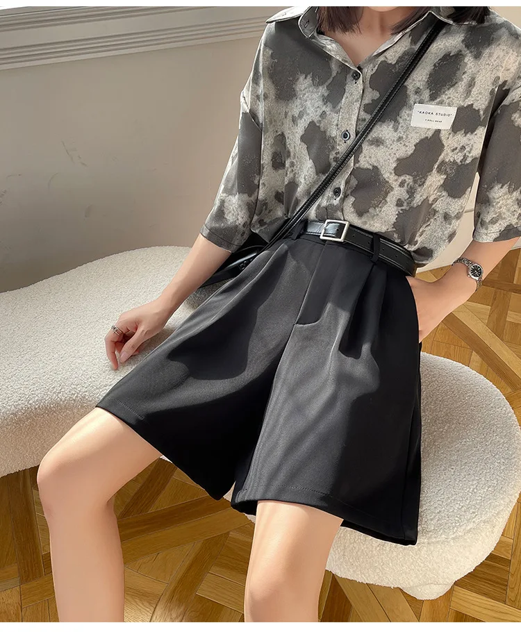 Fashion Wide Leg Suit Shorts Woman Summer Thin Breathable Knee Length Shorts Women Loose Solid Color Elastic Waist Short Pants