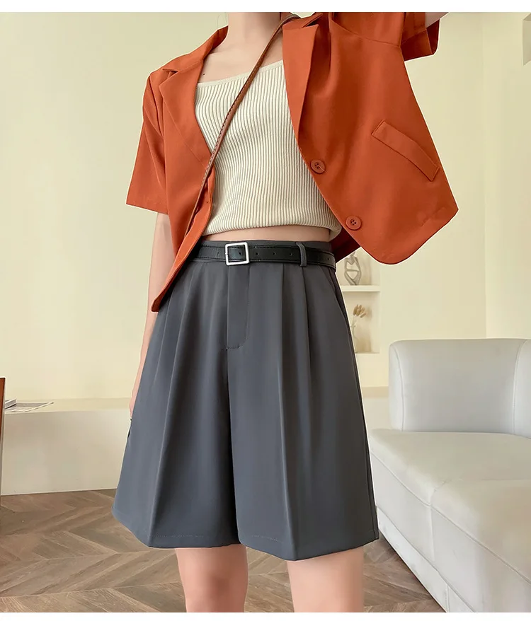 Fashion Wide Leg Suit Shorts Woman Summer Thin Breathable Knee Length Shorts Women Loose Solid Color Elastic Waist Short Pants