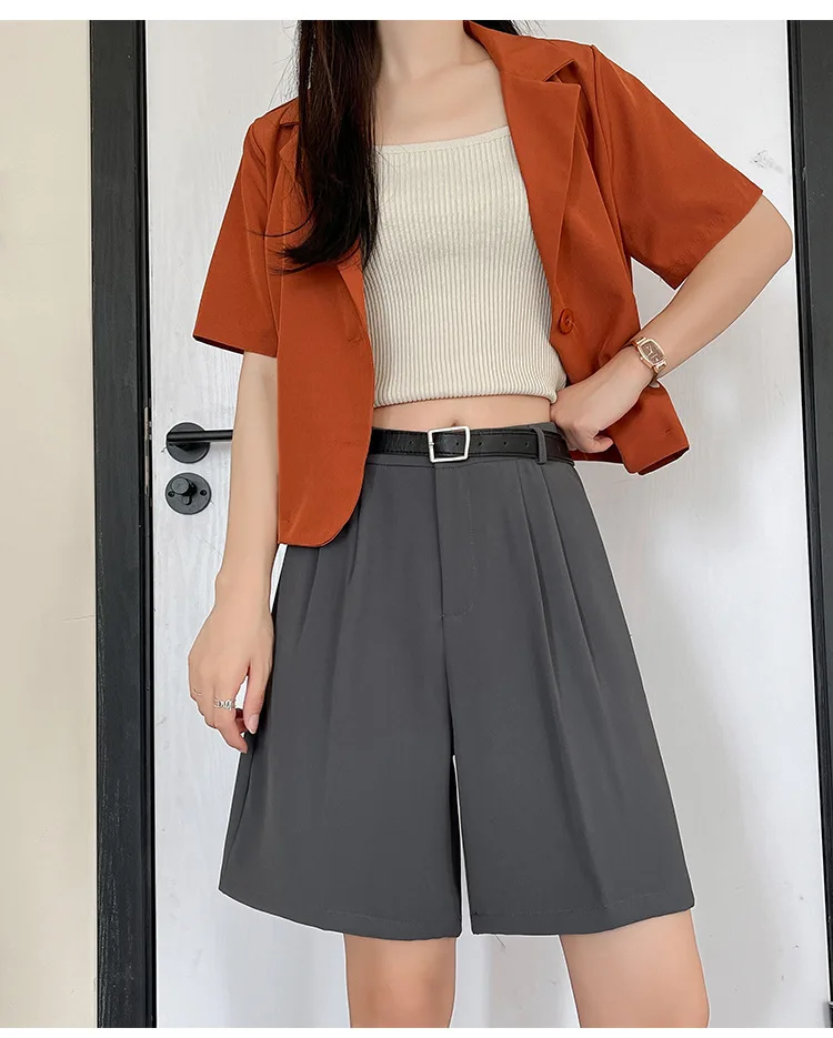 Fashion Wide Leg Suit Shorts Woman Summer Thin Breathable Knee Length Shorts Women Loose Solid Color Elastic Waist Short Pants