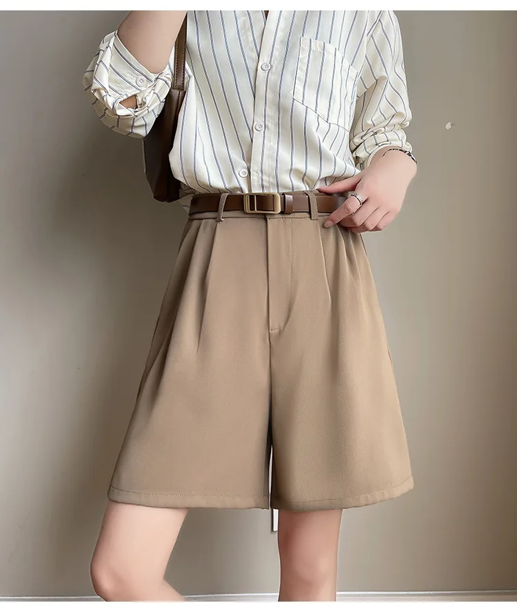Fashion Wide Leg Suit Shorts Woman Summer Thin Breathable Knee Length Shorts Women Loose Solid Color Elastic Waist Short Pants
