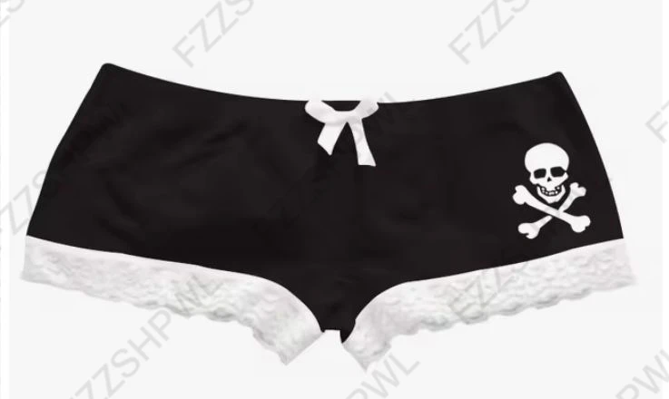 Y2K Gothic Skull Crossbones Print Boyshort Panties Women Black Lace Trim Bow Accent Underwear Gothic Sexy Sweet Cool Short Pant