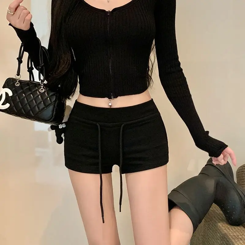Breathable Drawstring Women Sports Shorts Low-rise Slim Fitting Casual Pants Black/Grey Straight Shorts Pants Women