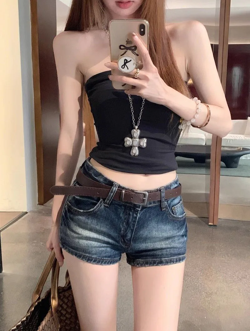 Y2K Low-Waisted Denim Shorts for Women Summer Slimming Vintage Deep Blue Cowboy Shorts Female Sexy Slim Fit Bodycon Short Jeans