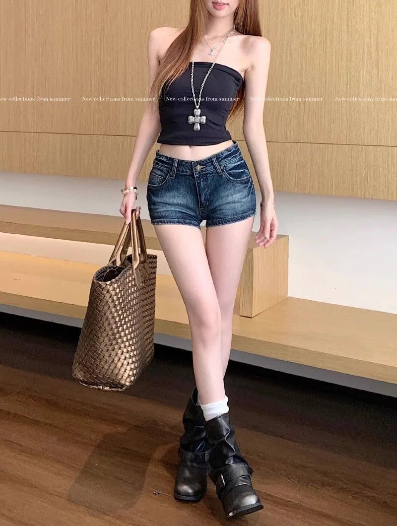 Y2K Low-Waisted Denim Shorts for Women Summer Slimming Vintage Deep Blue Cowboy Shorts Female Sexy Slim Fit Bodycon Short Jeans