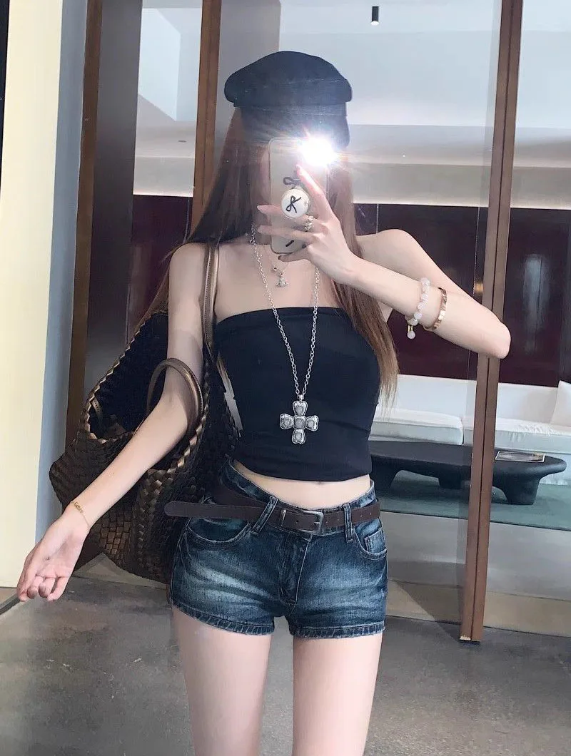 Y2K Low-Waisted Denim Shorts for Women Summer Slimming Vintage Deep Blue Cowboy Shorts Female Sexy Slim Fit Bodycon Short Jeans