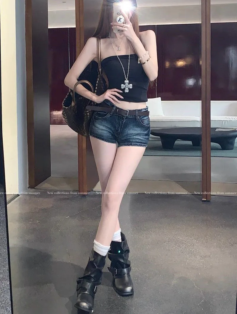Y2K Low-Waisted Denim Shorts for Women Summer Slimming Vintage Deep Blue Cowboy Shorts Female Sexy Slim Fit Bodycon Short Jeans