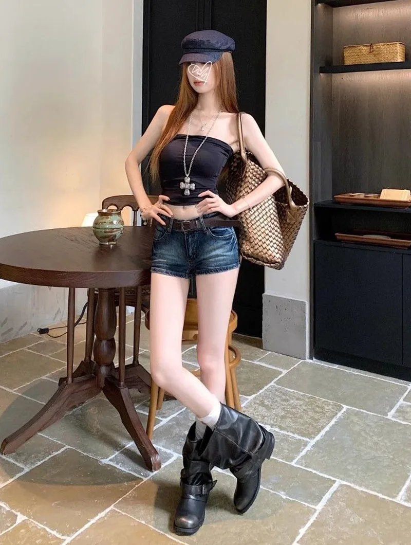 Y2K Low-Waisted Denim Shorts for Women Summer Slimming Vintage Deep Blue Cowboy Shorts Female Sexy Slim Fit Bodycon Short Jeans