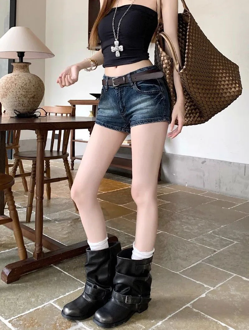 Y2K Low-Waisted Denim Shorts for Women Summer Slimming Vintage Deep Blue Cowboy Shorts Female Sexy Slim Fit Bodycon Short Jeans