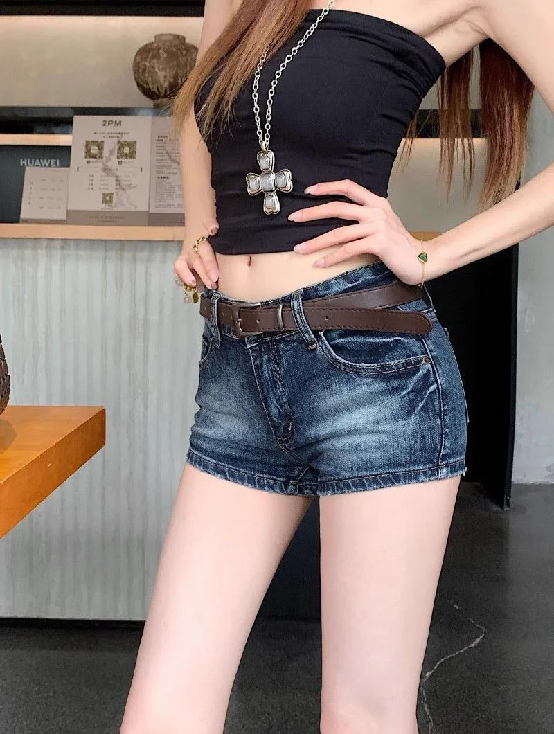 Y2K Low-Waisted Denim Shorts for Women Summer Slimming Vintage Deep Blue Cowboy Shorts Female Sexy Slim Fit Bodycon Short Jeans