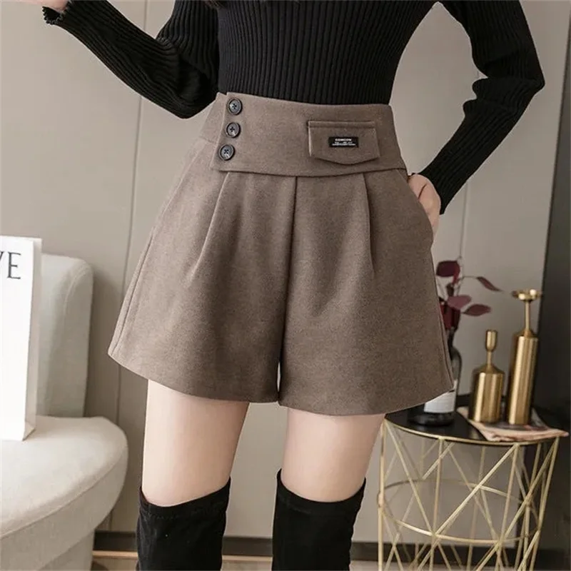 Autumn Female High Waist Pleated Pantalons Women Wide Leg Solid Color Woolen Pants Korean Ladies Large Size 4XL Short Trousers