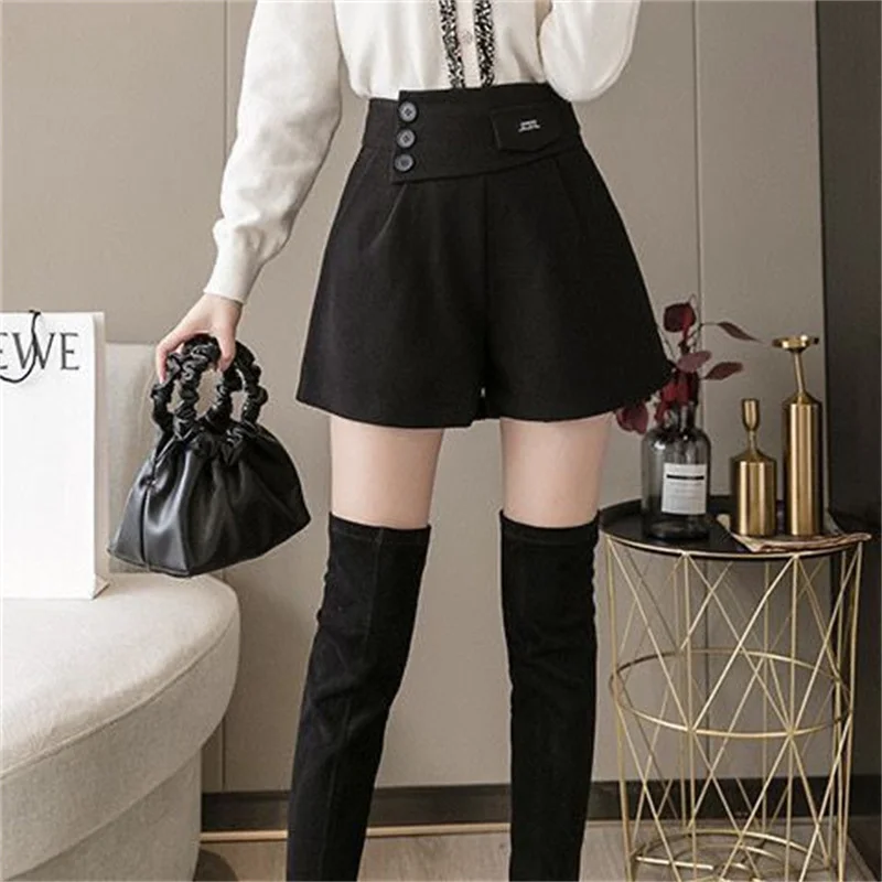 Autumn Female High Waist Pleated Pantalons Women Wide Leg Solid Color Woolen Pants Korean Ladies Large Size 4XL Short Trousers