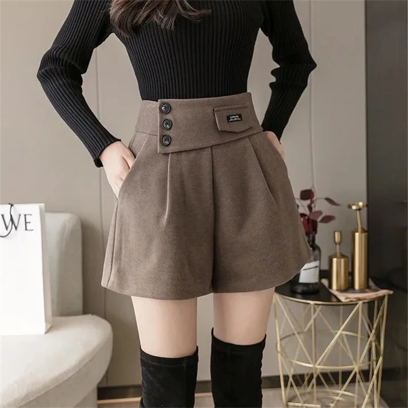Autumn Female High Waist Pleated Pantalons Women Wide Leg Solid Color Woolen Pants Korean Ladies Large Size 4XL Short Trousers
