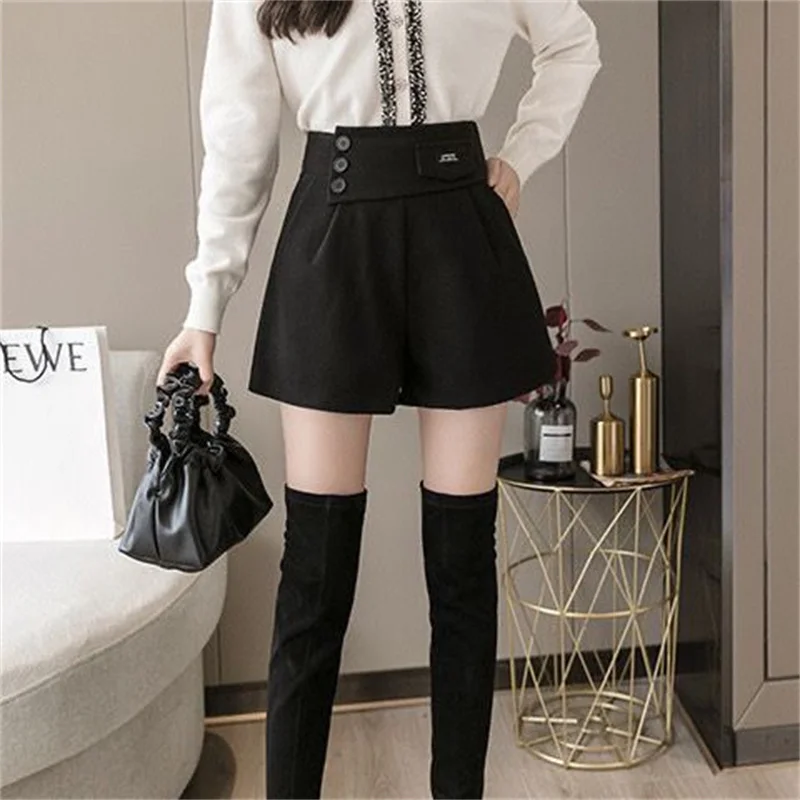 Autumn Female High Waist Pleated Pantalons Women Wide Leg Solid Color Woolen Pants Korean Ladies Large Size 4XL Short Trousers