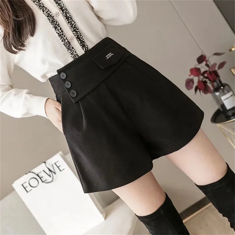 Autumn Female High Waist Pleated Pantalons Women Wide Leg Solid Color Woolen Pants Korean Ladies Large Size 4XL Short Trousers