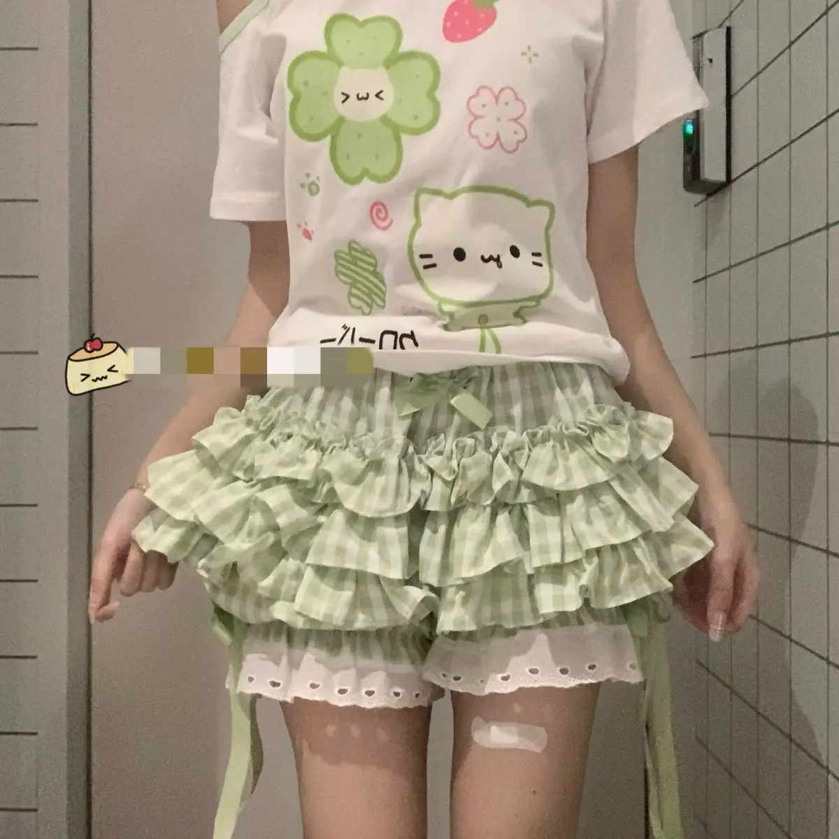 Kimotimo Green Plaid Bow Skirt Shorts Women Elastic Waist Slim Ift Short Pants Japanese Kawaii Versatile Y2k Aesthetic Clothes