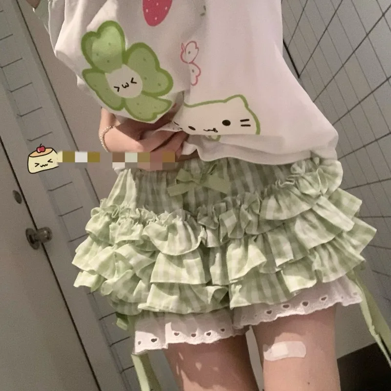 Kimotimo Green Plaid Bow Skirt Shorts Women Elastic Waist Slim Ift Short Pants Japanese Kawaii Versatile Y2k Aesthetic Clothes