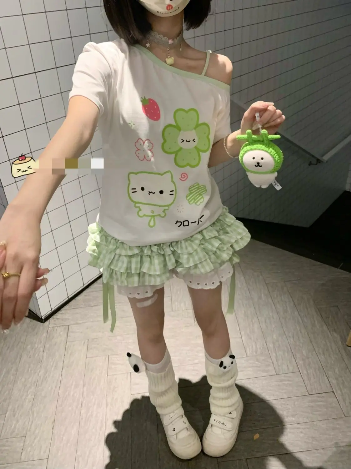 Kimotimo Green Plaid Bow Skirt Shorts Women Elastic Waist Slim Ift Short Pants Japanese Kawaii Versatile Y2k Aesthetic Clothes