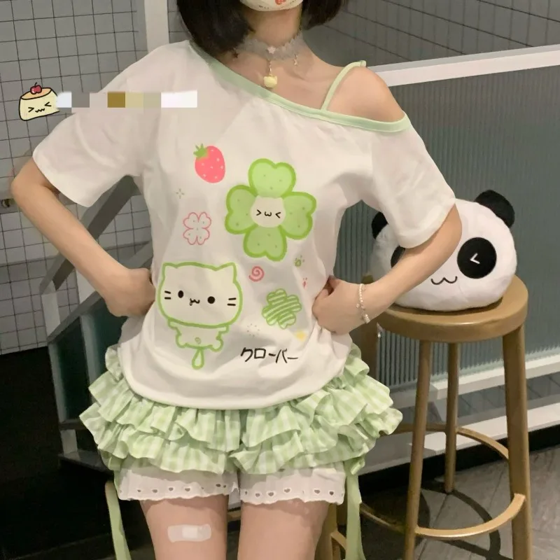 Kimotimo Green Plaid Bow Skirt Shorts Women Elastic Waist Slim Ift Short Pants Japanese Kawaii Versatile Y2k Aesthetic Clothes