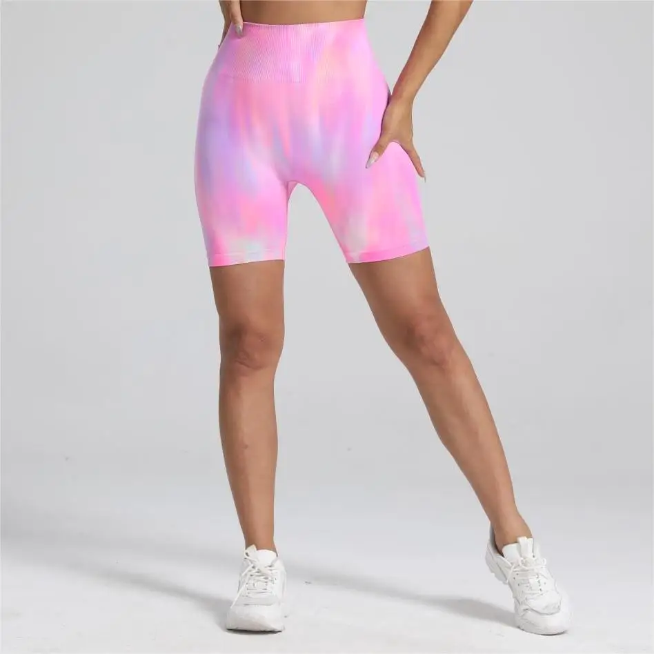 Women Tie Dye Gym Yoga Biker Shorts High Waist Seamless Legging Fitness Sports Leggins Elastic Pants Training Workout Tights