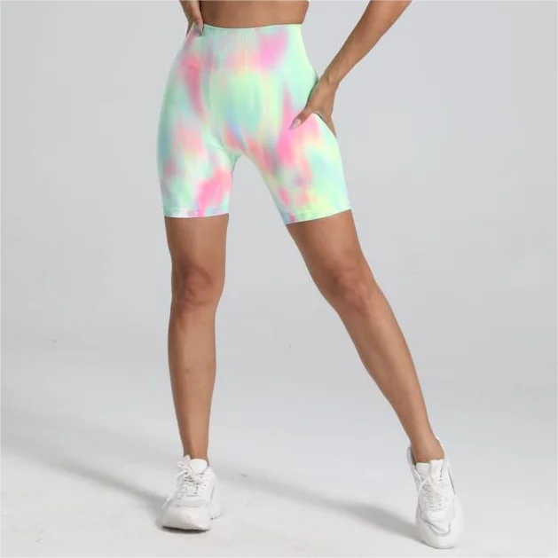 Women Tie Dye Gym Yoga Biker Shorts High Waist Seamless Legging Fitness Sports Leggins Elastic Pants Training Workout Tights