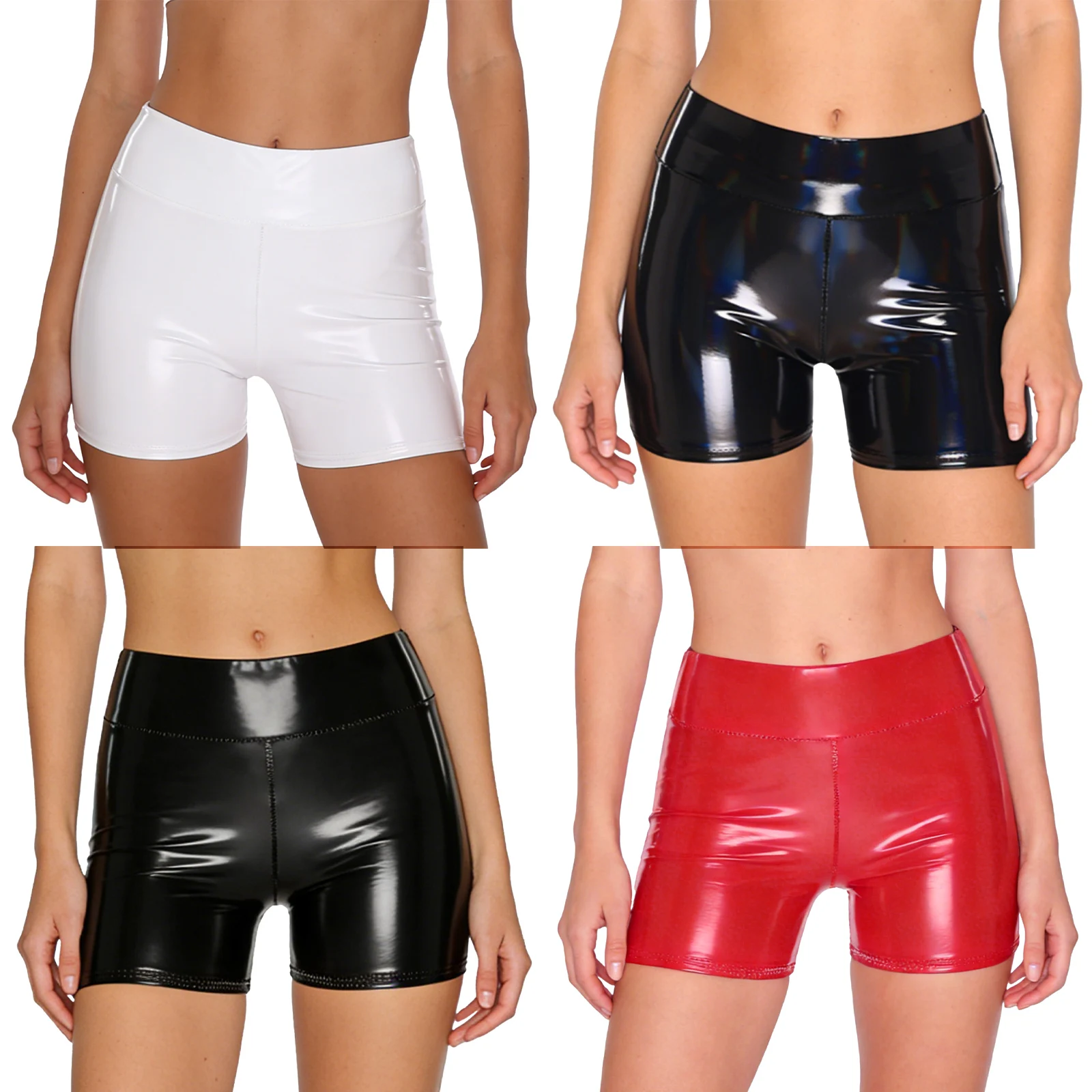 Women Wet Look High Waist PU Leather Shorts Pole Dance Hot Pants Stretchy Skinny Cheeky Booty Shorts for Nightclub Raves Party