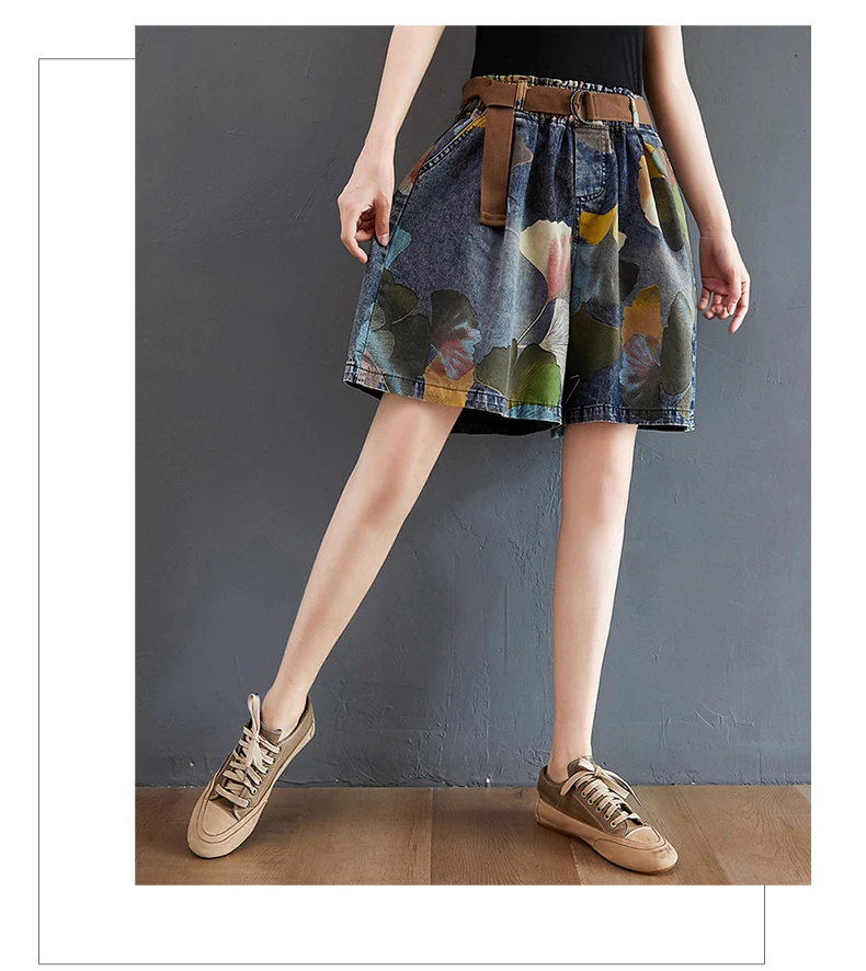 9021 Vintage Printing Denim Shorts for Women Summer Fashion Elastic Waist Loose Casual A-line Comfortable Half Length Pants