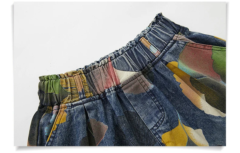 9021 Vintage Printing Denim Shorts for Women Summer Fashion Elastic Waist Loose Casual A-line Comfortable Half Length Pants