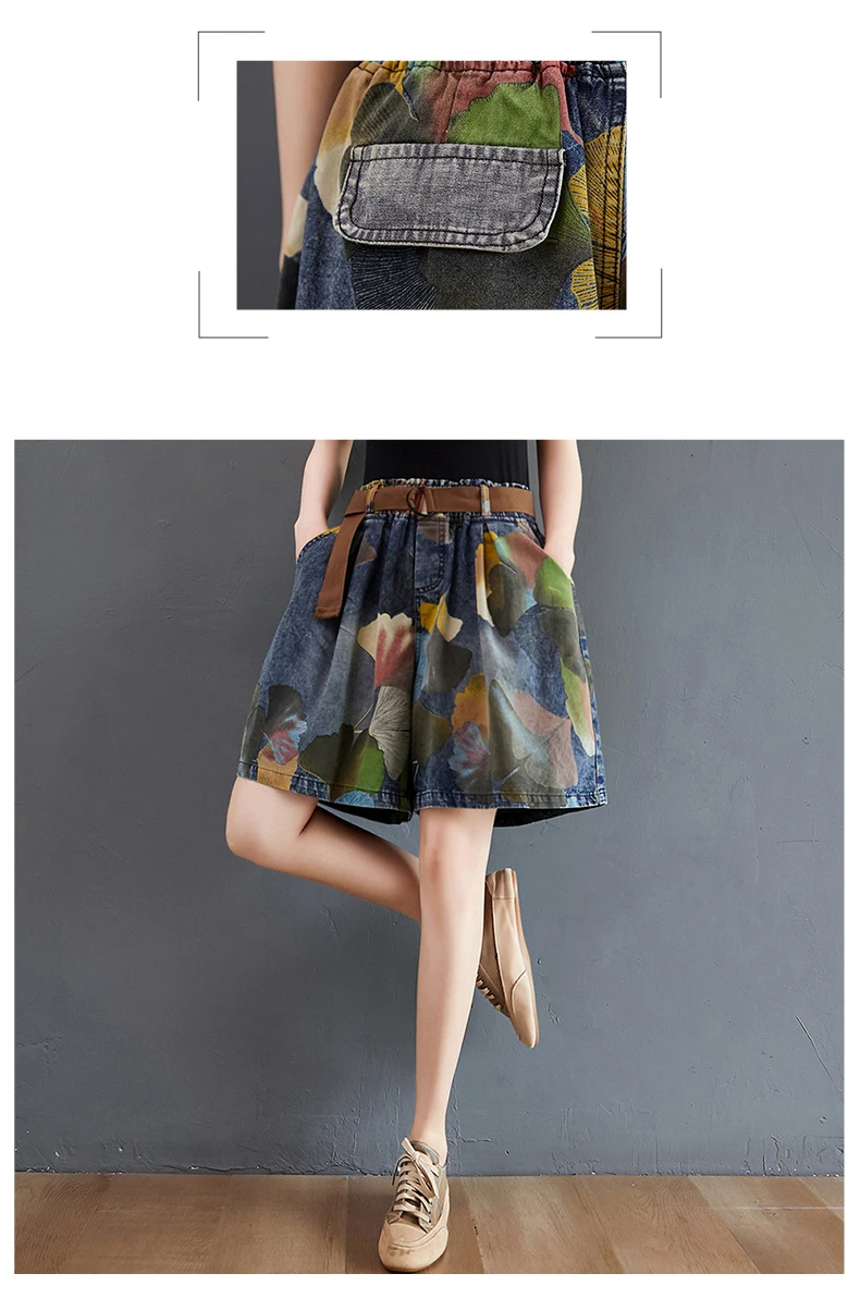 9021 Vintage Printing Denim Shorts for Women Summer Fashion Elastic Waist Loose Casual A-line Comfortable Half Length Pants