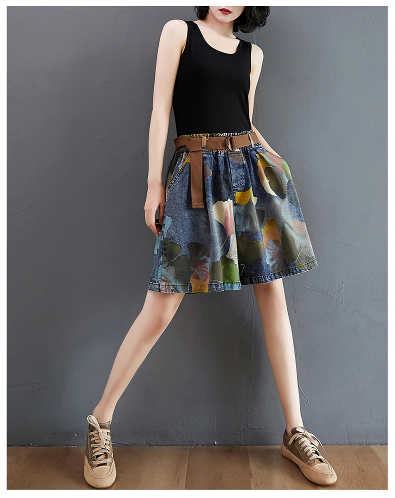 9021 Vintage Printing Denim Shorts for Women Summer Fashion Elastic Waist Loose Casual A-line Comfortable Half Length Pants