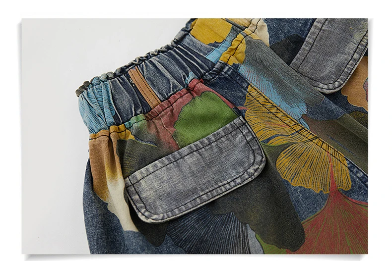 9021 Vintage Printing Denim Shorts for Women Summer Fashion Elastic Waist Loose Casual A-line Comfortable Half Length Pants