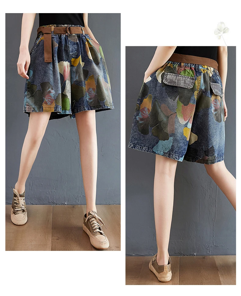 9021 Vintage Printing Denim Shorts for Women Summer Fashion Elastic Waist Loose Casual A-line Comfortable Half Length Pants