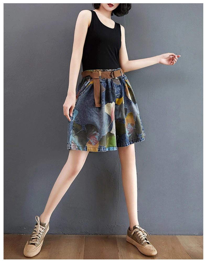 9021 Vintage Printing Denim Shorts for Women Summer Fashion Elastic Waist Loose Casual A-line Comfortable Half Length Pants