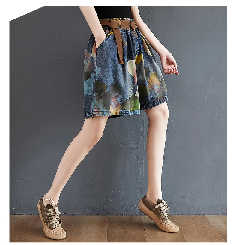 9021 Vintage Printing Denim Shorts for Women Summer Fashion Elastic Waist Loose Casual A-line Comfortable Half Length Pants